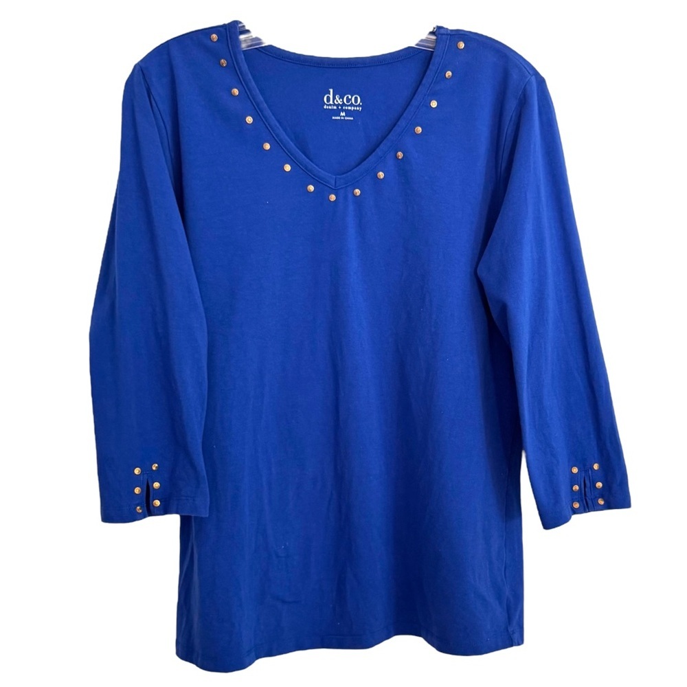 Denim & Co Size M Studded V Neck 3/4 Sleeve Stretch Top Cotton-Spandex